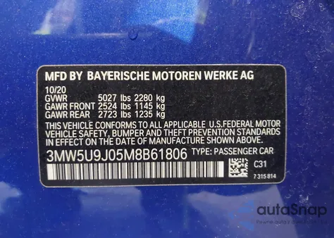 2021 BMW 3 Series M340I xDrive from USA, damaged, VIN 3MW5U9J05M8B61806